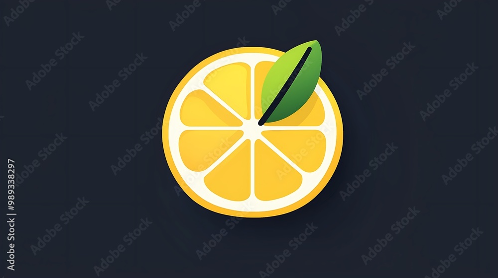 Poster minimalist vector lemon slice app icon on dark background with leaf detail | simple flat design with