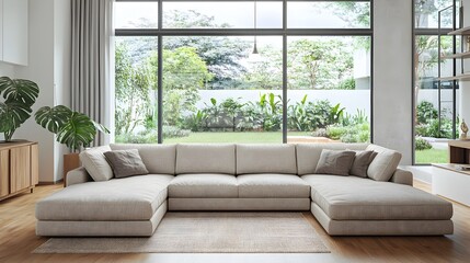Obraz premium Cozy and inviting modern living room with a large comfortable sectional sofa and minimalist stylish decor The bright airy space is filled with natural light warm neutral tones