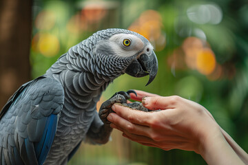 African Grey parrot interacting with human hand in nature