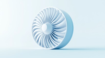3D rendered image of a turbine design with intricate details on a soft blue background.