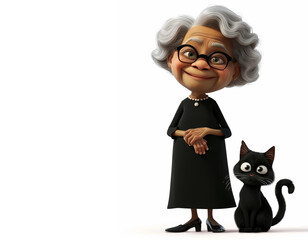 Illustration cartoon 75 year-old little afro grandmother character, with gray haired,  spectacled, wearing black dress with black cat on white background. Generative AI