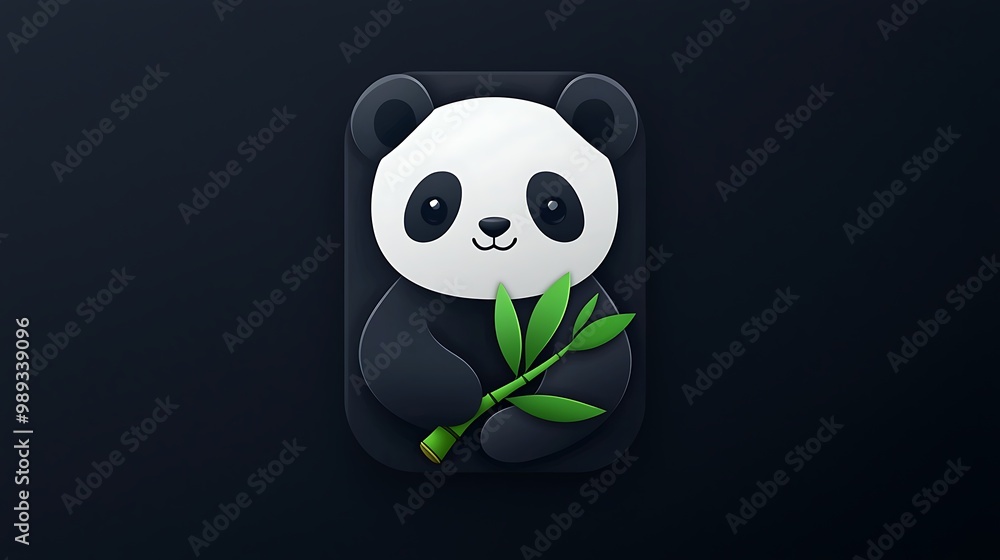 Poster playful panda vector app icon with bamboo on dark background in charming flat design