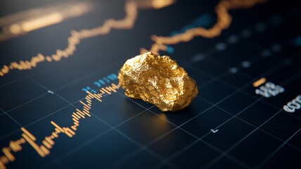 A gold nugget rests on a financial chart, symbolizing the connection between precious metals and investment trends.