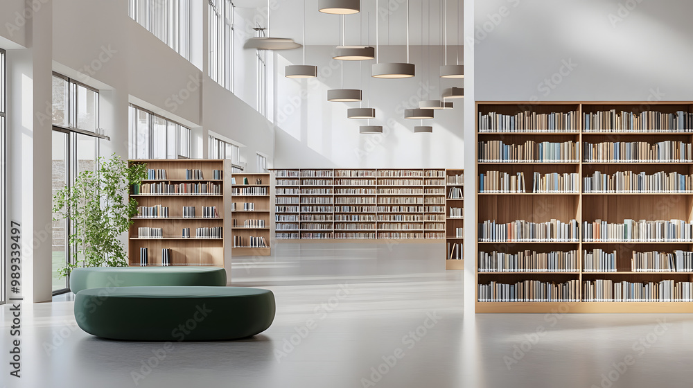 Poster modern public library interior with empty blank wall template. 3d rendering