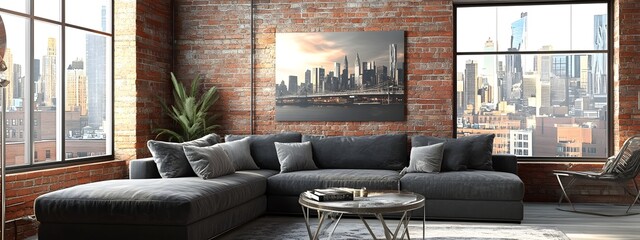 Spacious modern loft apartment interior with gray couch sofa furniture brick walls and large windows offering panoramic city skyline view
