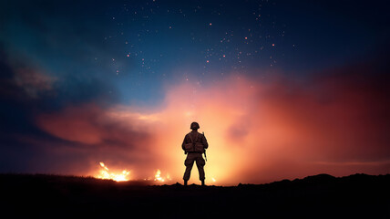 A lone soldier stands silhouetted in front of an intense battlefield scene, illuminated by fire and stars in the night sky.