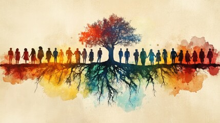 Diverse group of people united around a tree symbolizing community and connection
