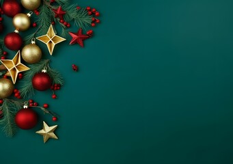 Christmas Decorations on Green Background with Copy Space