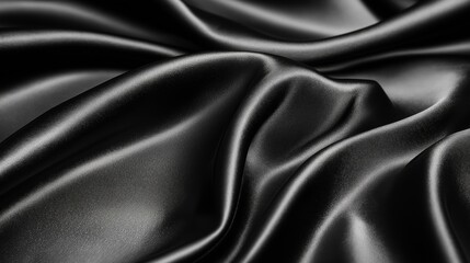 Obraz premium Close-up view of smooth black satin fabric with soft flowing curves and highlights, capturing the luxurious, elegant feel of the material with a glossy surface