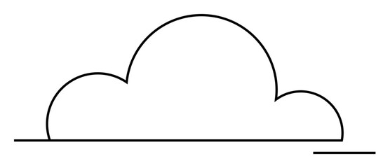 Black outlined cloud shape on a horizontal line in a clean minimalist style. Ideal for weather icons, simplistic designs, digital art, vector illustrations, atmospheric themes. Three words minimalist
