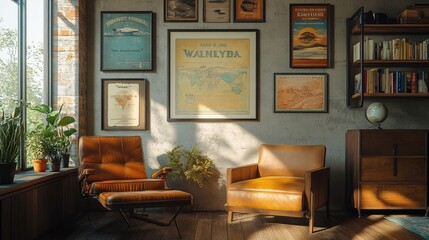 A collection of vintage travel posters framed and hung on a wall, evoking a sense of wanderlust.