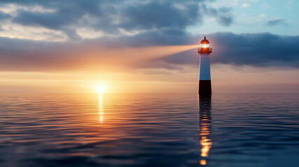 A serene lighthouse stands amid tranquil waters, illuminating the horizon as the sun sets, creating a picturesque coastal scene.