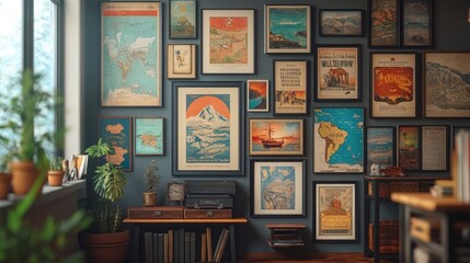A collection of vintage travel posters framed and hung on a wall, evoking a sense of wanderlust.