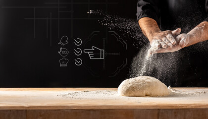 Hands of baker kneading dough with Digital Recipe AI Futuristic Smart virtual interface holograms icon