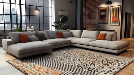 Stylish and Inviting Industrial Style Living Room with Plush Gray Sectional Sofa Armchair Brick Walls Large Windows and Decorative Accents Like Potted Plants and Wall Art
