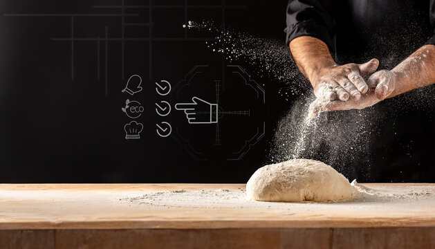 Hands of baker kneading dough with Digital Recipe AI Futuristic Smart virtual interface holograms icon