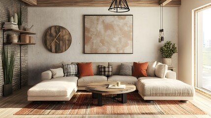Cozy and inviting modern rustic living room interior design with wooden shelving brick walls natural decor elements like plants and comfortable plush seating with throw pillows