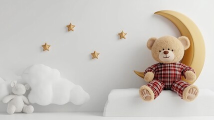 A cheerful teddy bear in plaid pajamas sits on a crescent moon surrounded by stars and soft clouds, creating a whimsical bedtime scene