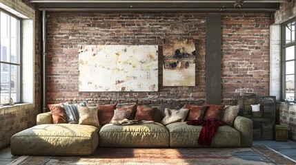 Cozy and rustic living space with a deep overstuffed sofa exposed brick walls and warm textiles blending modern comforts with a touch of industrial charm for a inviting welcoming ambiance