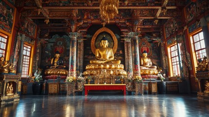 Obraz premium The interior of a Tibetan Buddhist temple, with golden statues of Buddha and intricate murals depicting the life of the Buddha