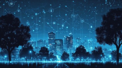 Futuristic city skyline at night with digital network connections and glowing blue lights