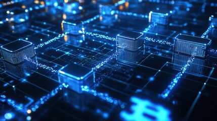 Obraz premium interconnected blockchain nodes forming a network, with glowing blue 