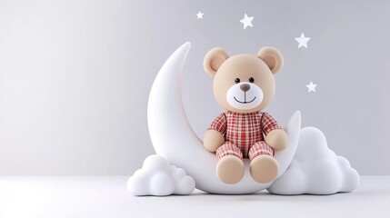 A cheerful teddy bear in plaid pajamas sits on a crescent moon surrounded by stars and fluffy clouds under a clear sky