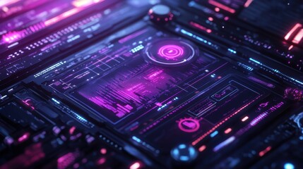 Obraz premium Futuristic digital interface with neon lights displaying data in cybernetic environment