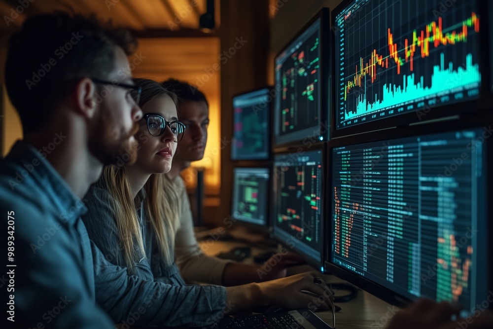 Poster team of analysts collaborating on financial data analysis in a modern office environment during even
