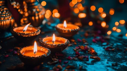 Diwali Lamps Diya with Christmas Lights in dark Night Tihar Dipawali Celebration Hindu Festival