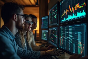 Team of analysts collaborating on financial data analysis in a modern office environment during evening hours