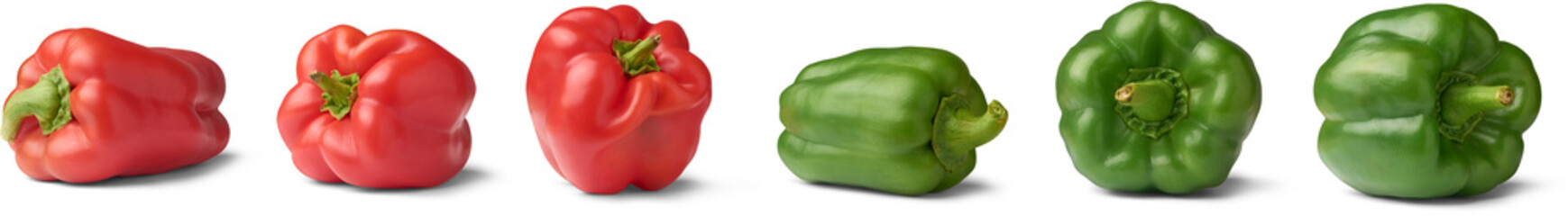 red and green color bell peppers isolated white background, sweet non spicy peppers used in cooking with vitamins and antioxidants in different angles