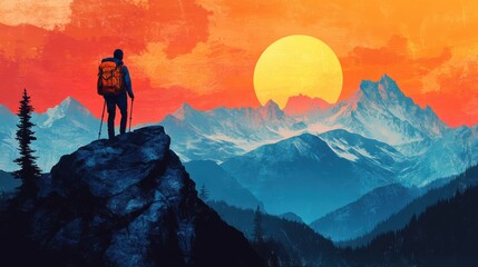 Fototapeta premium Hiker enjoying scenic mountain sunrise in vibrant landscape