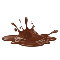Chocolate liquid splashing with drops in flat design. Cocoa splatter with blobs. Vector illustration isolated.