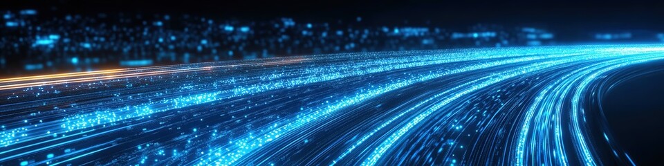 Bright blue digital data streams flowing on black