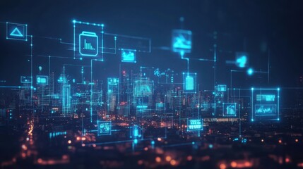 Obraz premium futuristic city skyline with interconnected glowing lines and digital icons representing smart technology