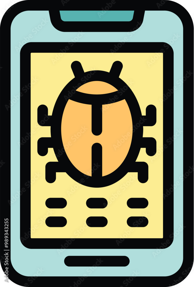 Poster smartphone displaying a bug icon, representing the presence of malware or a virus affecting the devi