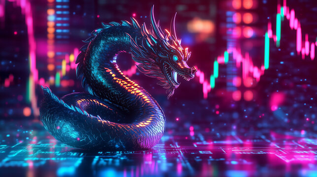 Cyber Dragon with Stock Market Chart Background