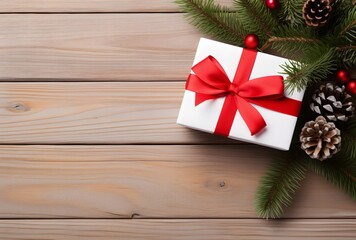 Fototapeta premium Christmas Gift Box with Red Ribbon on Wooden Background