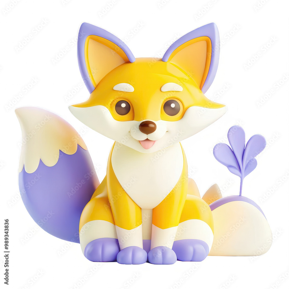 Poster this is a visually appealing 3d rendering of a yellow fox with a purple tail and ears on a white bac