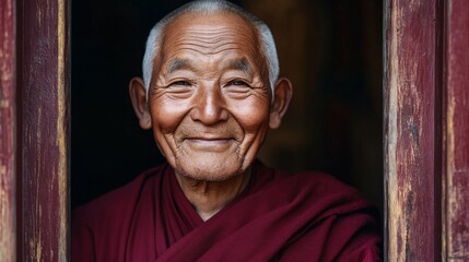 Naklejka premium Portrait of an elderly Tibetan monk with a warm, gentle smile, deep wrinkles marking his face as he stands in the doorway of a centuries-old monastery