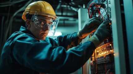 An electrician wearing full safety gear, including gloves and face shield, working on a live electrical panel,