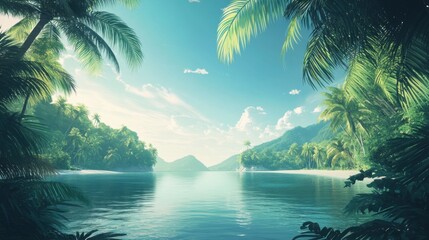 Fototapeta premium Serene tropical beach with palm trees and azure waters at sunrise