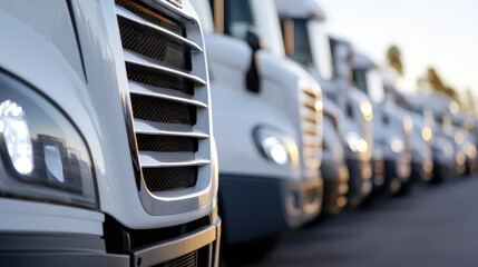 Fleet of semi trucks lined up at logistics hub, showcasing their sleek designs and powerful presence. scene captures essence of transportation and efficiency in logistics