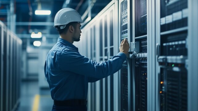 A power supply system in a data center, with rows of UPS units providing backup power, and a technician monitoring the system,