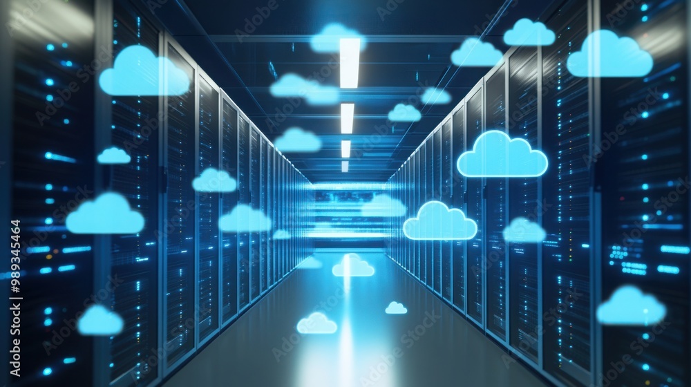 Poster cloud icons floating above a sleek server room, symbolizing cloud computing and data storage