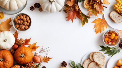 A beautiful Thanksgiving centerpiece featuring pumpkins, gourds, and autumn leaves, creating warm and inviting atmosphere for holiday celebration. arrangement includes delicious food items, enhancing