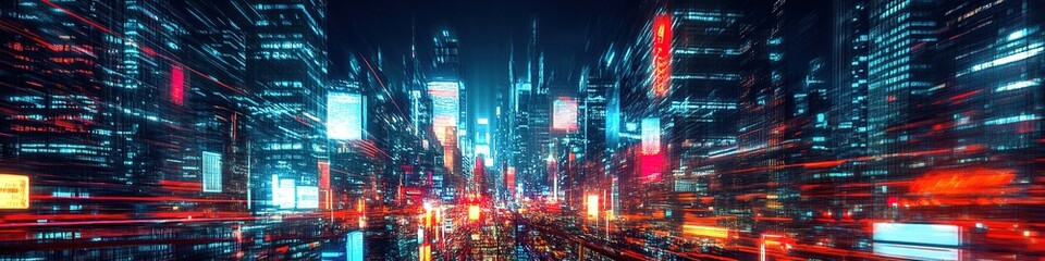 Futuristic cityscape with neon lights and skyscrapers