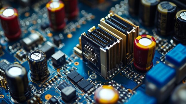 A detailed view of a power supply circuit board, with components like capacitors, transformers, and regulators clearly visible,