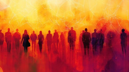 Silhouettes of diverse people walking against a vibrant, abstract sunset background